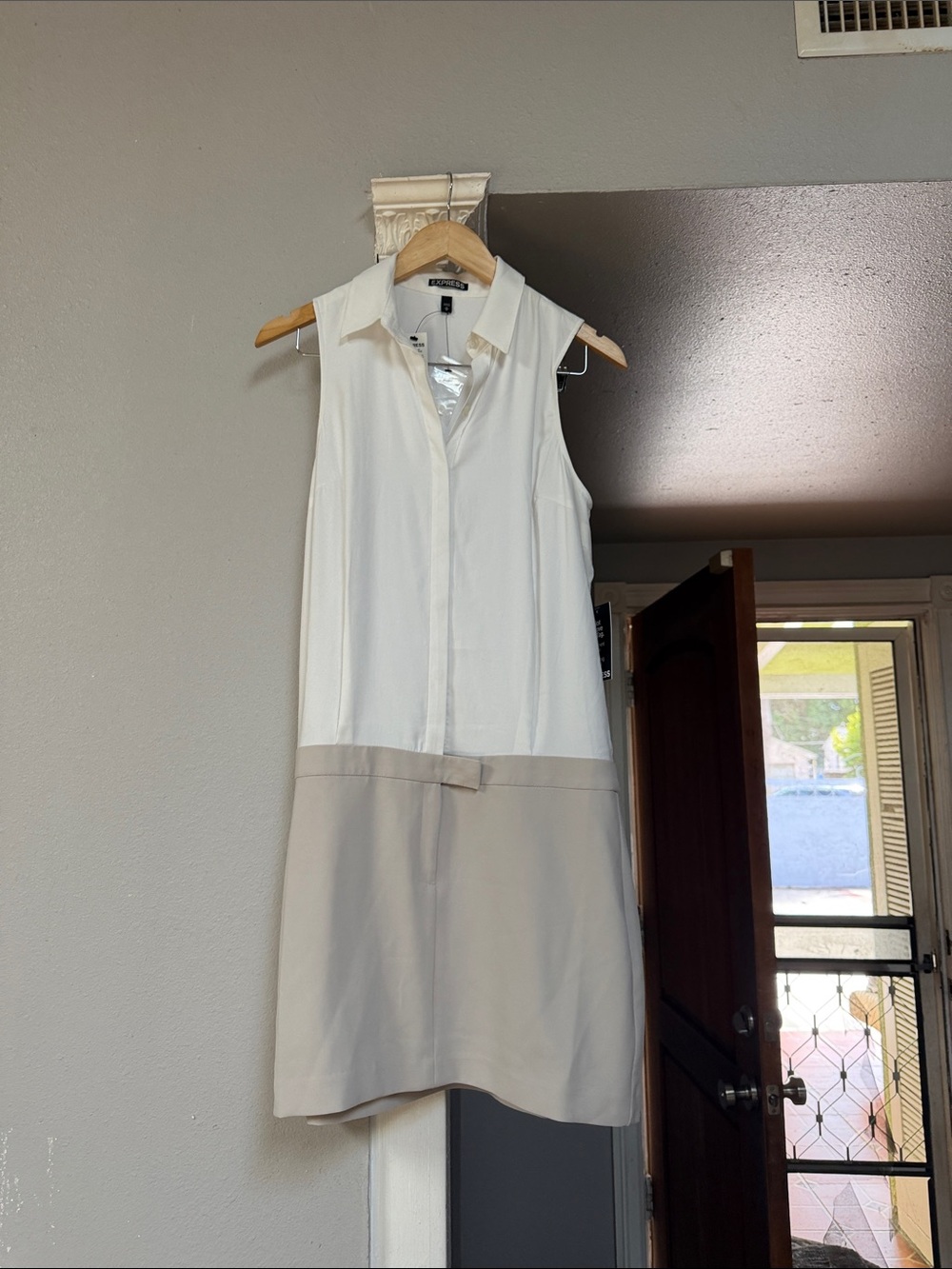 Express Two-Tone Sleeveless Shirt Dress in White and Taupe